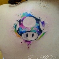 Cartoon hero in hat colored tattoo in watercolor style on girl's shoulder by Javi Wolf