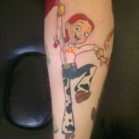 Cartoon heroine Jessie from Toy story joyful colorful tattoo