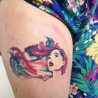 Cartoon heroine Pocahontas colored tattoo on thigh in watercolor style