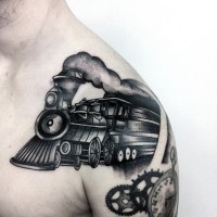 Cartoon like black ink old train tattoo on shoulder