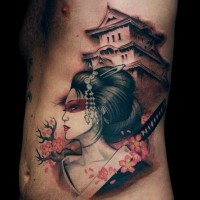 Cartoon like colored Asian woman warrior with old house tattoo on side