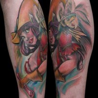Cartoon like colored beautiful woman with carrot tattoo on arm