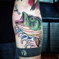 Cartoon like colored big with with dragonfly tattoo on arm