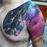 Cartoon like colored deep space shoulder and chest tattoo