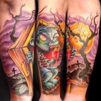 Cartoon like colored funny zombie on cemetery sleeve tattoo