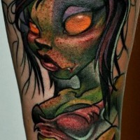 Cartoon like designed big colored zombie girl tattoo on leg