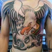 Cartoon like designed colored evil eagle with skill tattoo on whole chest and belly