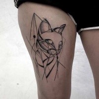 Cartoon like dot style big thigh tattoo of cat with various ornaments