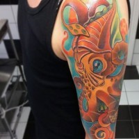 Cartoon like little multicolored evil octopus tattoo on half sleeve zone