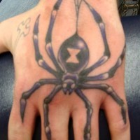 Cartoon like painted big colored spider tattoo on hand