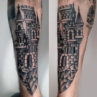 Cartoon like simple black ink medieval castle tattoo on leg