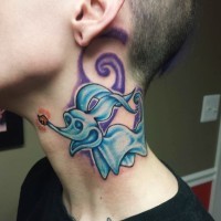 Cartoon like tiny blue colored neck tattoo of ghost mouse