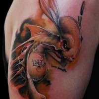 Cartoon style awesome painted and colored shoulder tattoo of creepy creature with knives
