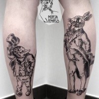 Cartoon style black ink leg tattoo of various human like animals