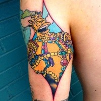Cartoon style colored arm tattoo of Simpsons king with jewelry