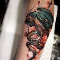 Cartoon style colored arm tattoo of big owl with snake