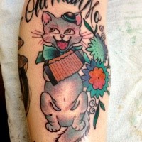 Cartoon style colored arm tattoo of cat with flowers and accordion