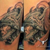 Cartoon style colored arm tattoo of fantasy warrior