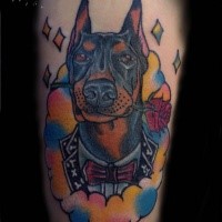 Cartoon style colored arm tattoo of funny gentleman dog and rose