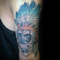 Cartoon style colored arm tattoo of Indian skeleton with helmet