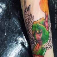 Cartoon style colored arm tattoo of zombie hand and flame