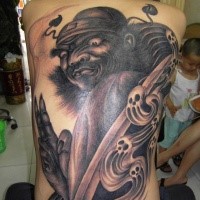 Cartoon style colored back tattoo of mystical warrior with ghost skulls