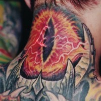 Cartoon style colored big Sauron eye tattoo on neck
