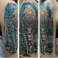 Cartoon style colored big shoulder tattoo of little girl with cool robot