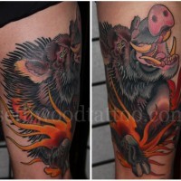 Cartoon style colored big thigh tattoo of fantasy boar