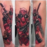 Cartoon style colored bully Deadpool tattoo on forearm
