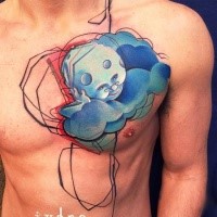 Cartoon Stil farbiges Brust Tattoo mit interessant aussehendem Mann