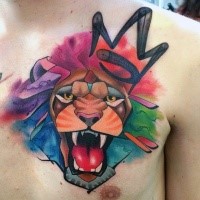 Cartoon style colored chest tattoo of roaring lion