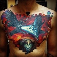 Cartoon style colored chest tattoo of fighting fantasy birds with snake