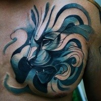 Cartoon style colored chest tattoo of fantasy lion