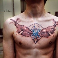Cartoon style colored chest tattoo of cute whales with big diamond