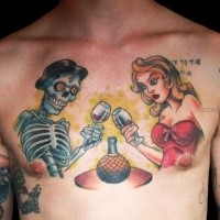 Cartoon style colored chest tattoo of woman with skeleton couple