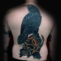 Cartoon style colored crow with ancient warriors skull in helmet
