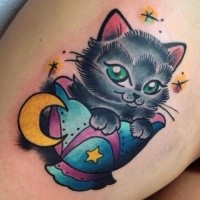 Cartoon style colored for girls tattoo of cat with cup and moon