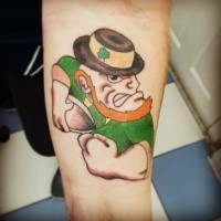 Cartoon style colored forearm tattoo of Irish Leprechaun