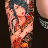 Cartoon style colored forearm tattoo of beautiful geisha