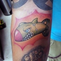 Cartoon style colored forearm tattoo of funny bomb