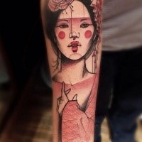 Cartoon style colored forearm tattoo of japanese woman