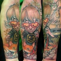Cartoon style colored forearm tattoo of funny boy with cat and lizard