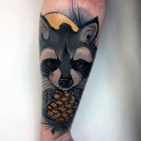 Cartoon style colored forearm tattoo of raccoon with cone
