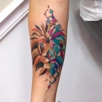 Cartoon style colored forearm tattoo of tiger stylized with geometrical figures