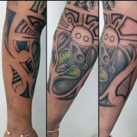 Cartoon style colored forearm tattoo of stone statue