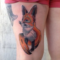 Cartoon style colored funny little fox tattoo on thigh