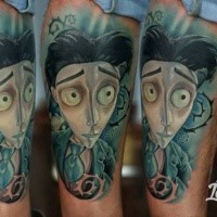 Cartoon style colored funny man portrait tattoo on leg