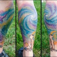 Cartoon style colored leg tattoo of big space with boy and tiger