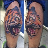 Cartoon style colored leg tattoo of evil tiger